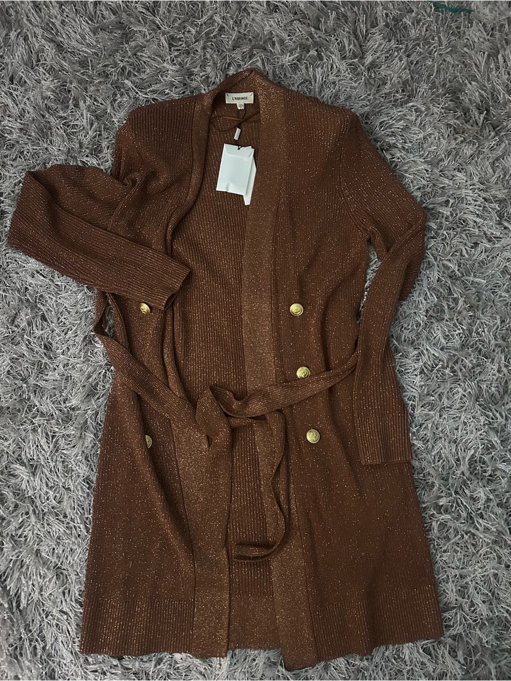 L'AGENCE Brown Metallic Ribbed Belted Cardigan